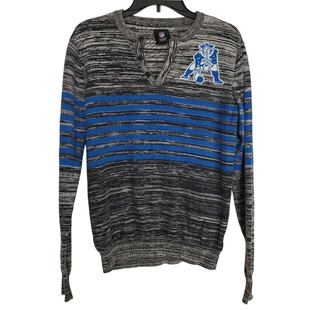 NFL Team Apparel New England Patriots Henley Sweater Grey Blue Space Dye Medium